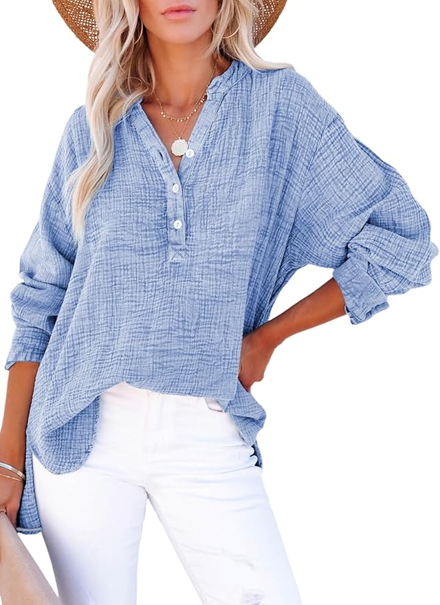Dokotoo Button V Neck Long Sleeve Oversized Blouse
